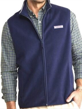 Vineyard Vines Men Harbor Fleece Navy Blue Full Zip Vest Size Large